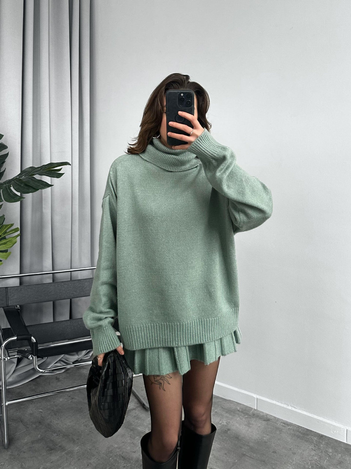 Oversized Turtleneck Sweater Skirt Two Piece Set