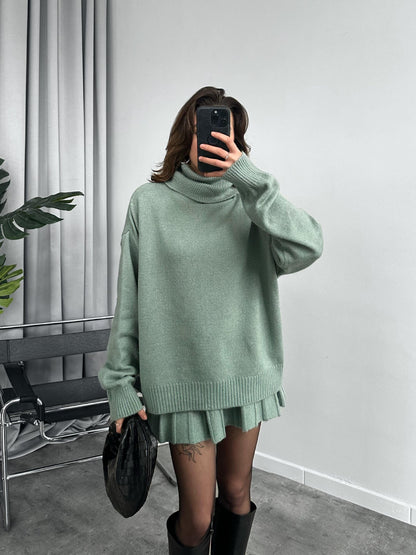 Oversized Turtleneck Sweater Skirt Two Piece Set