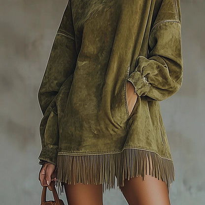 Oversized Mock Neck Suede Fringe Dress Pockets
