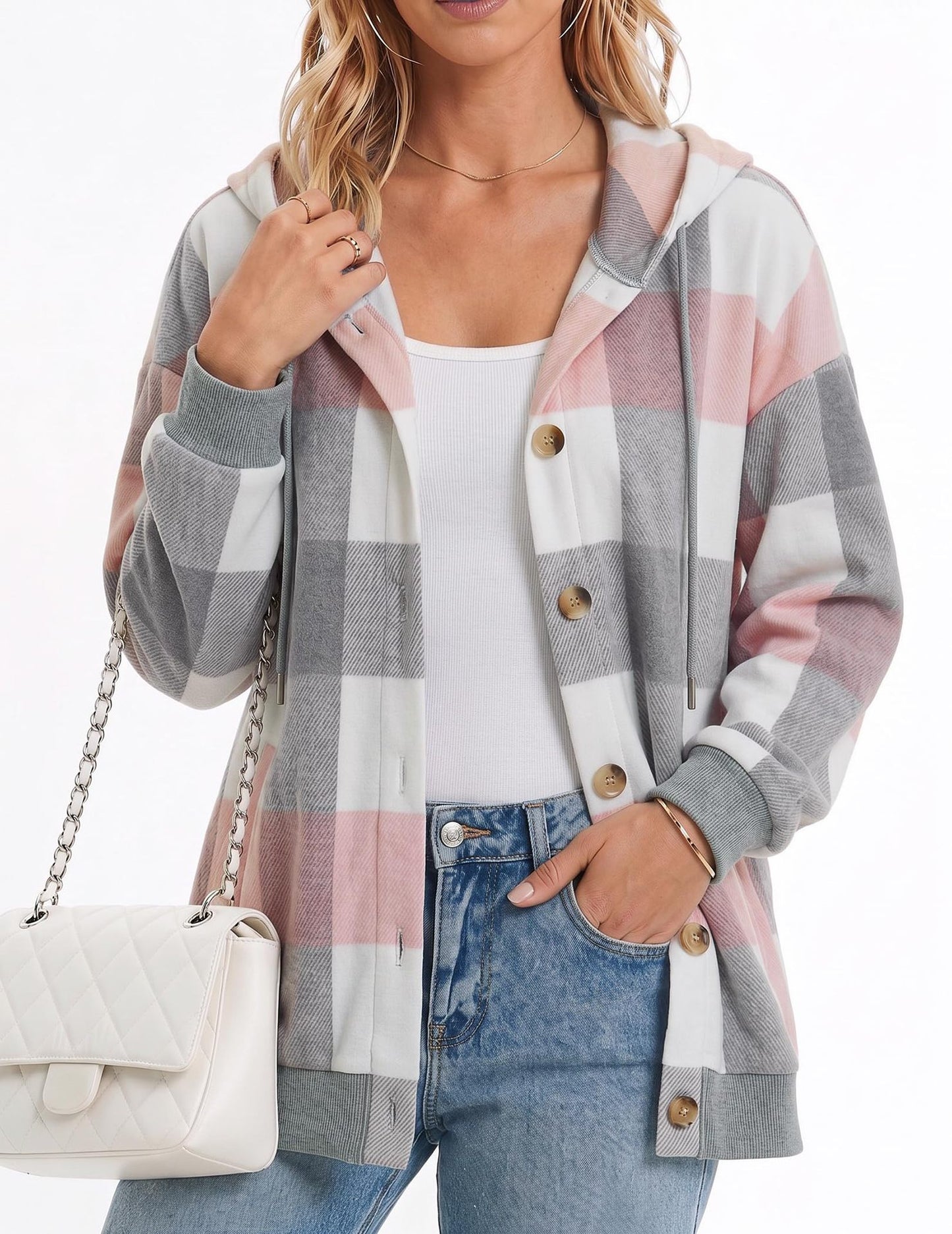 Women's Oversized Hooded Plaid Shacket Jacket