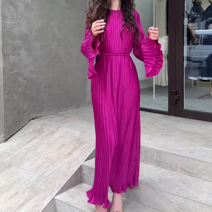Pleated Bell Sleeve Maxi Dress Elegant Solid Flowy Mesh