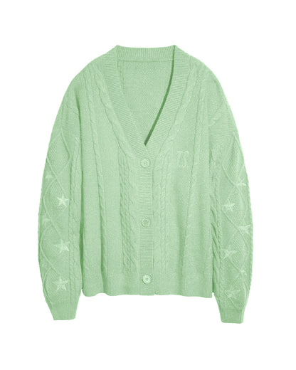 Oversized Cable Knit Star Embroidered Cardigan Sweater