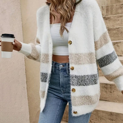Women's Fuzzy Striped V-Neck Oversized Cardigan