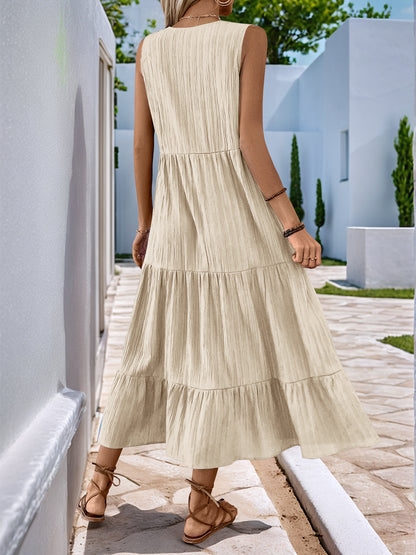 Sleeveless V Neck Button Front Tiered Midi Dress