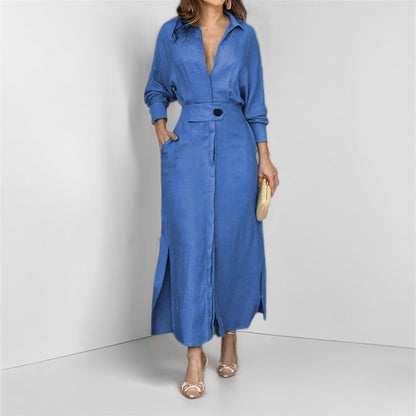 Women's Belted Long Sleeve Maxi Shirt Dress V-Neck