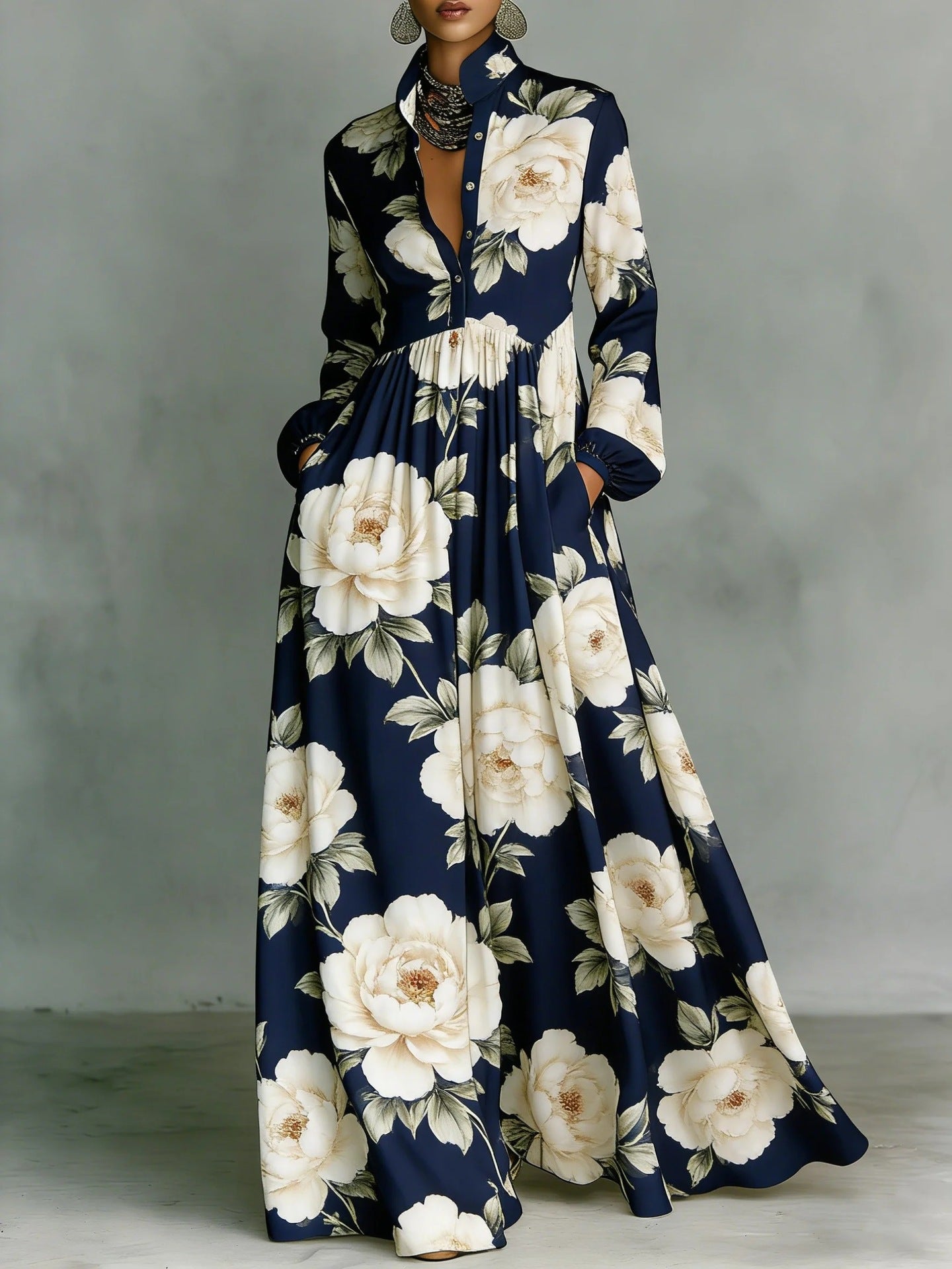 Vintage Floral Maxi Dress Long Sleeve Button Down Pockets