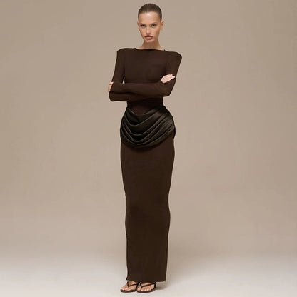Women's Boat Neck Long Sleeve Ruched Bodycon Maxi Dress
