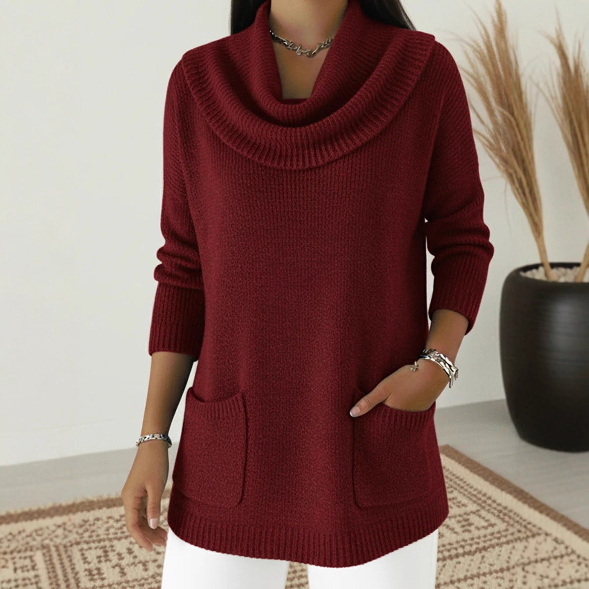 Pocket Detail Knit Sweater Relaxed Fit Long Sleeve