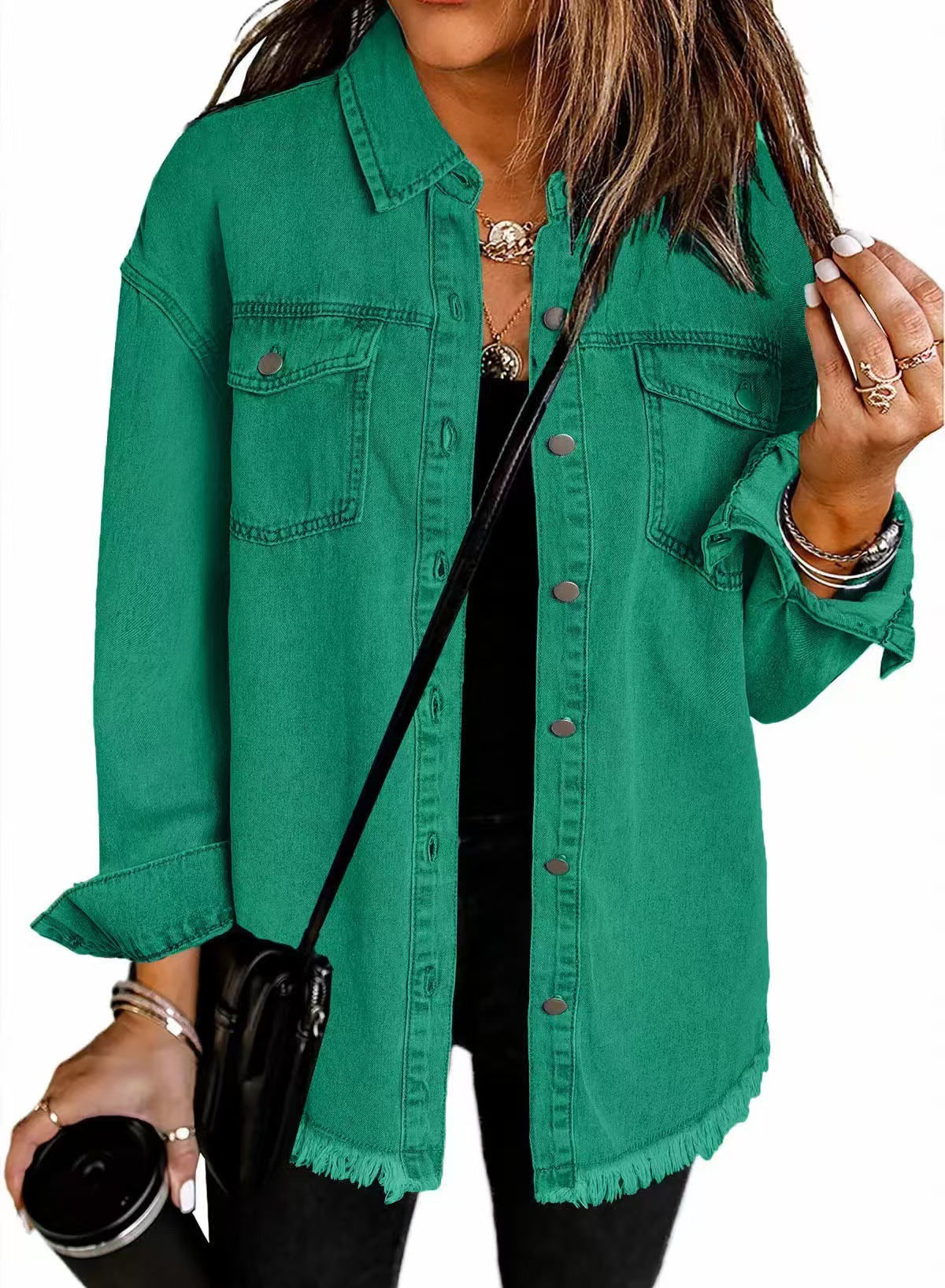 Women's Oversized Denim Shacket Frayed Hem