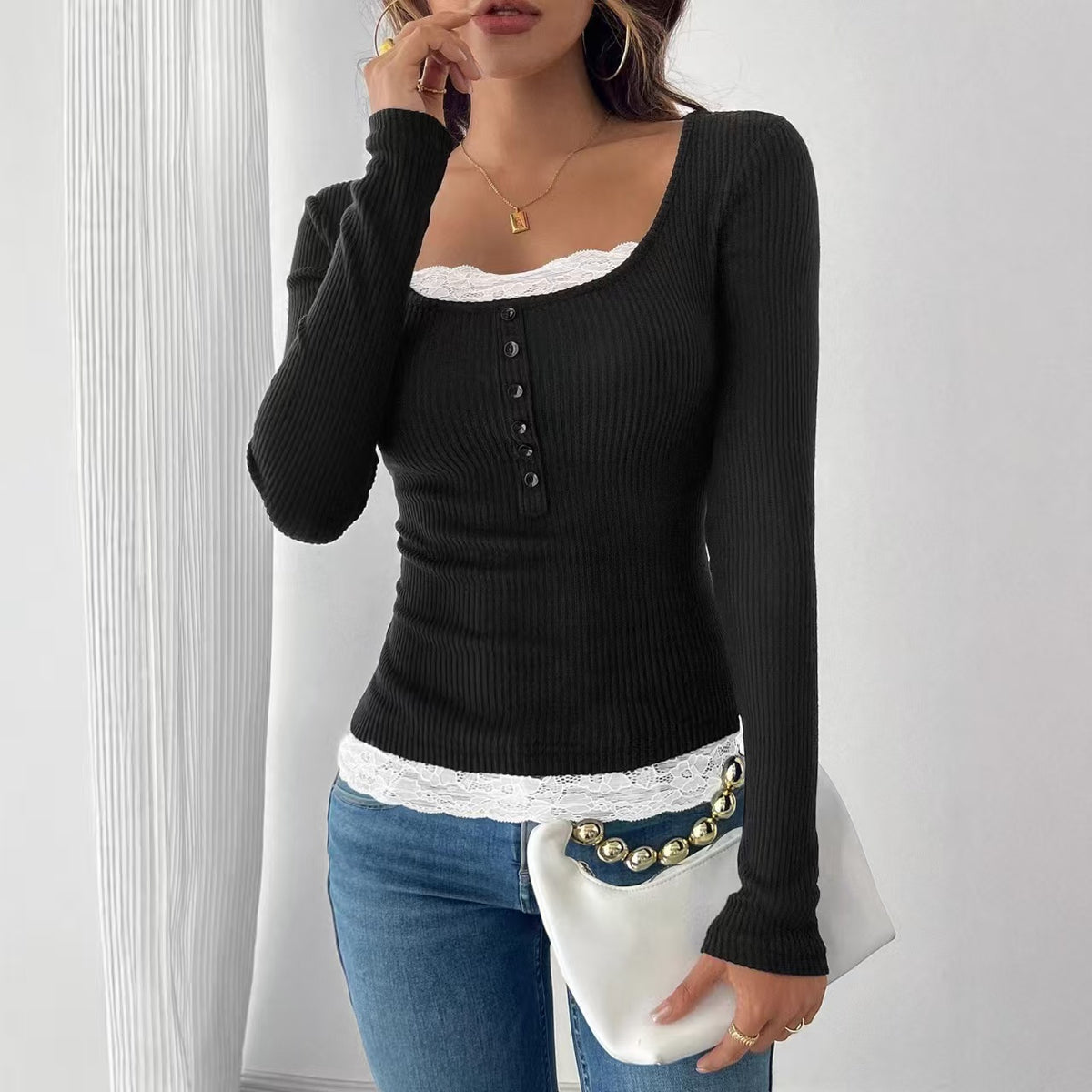 Square Neck Lace Trim Ribbed Button Front Long Sleeve Top