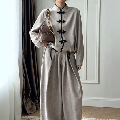 Chinese Frog Button Two Piece Set Wide Leg Pants