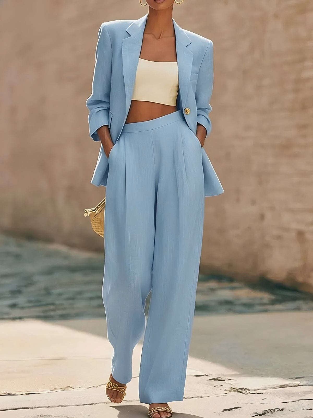 Women's Solid Blazer Wide Leg Pants Two Piece Matching Set