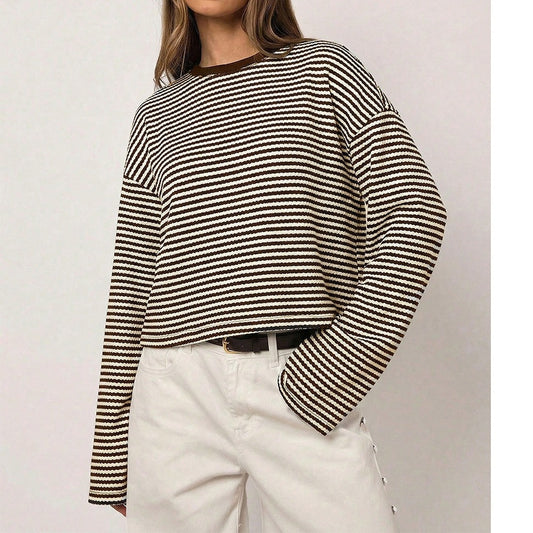 Brown Striped Long Sleeve Knit Top Oversized Casual Tee