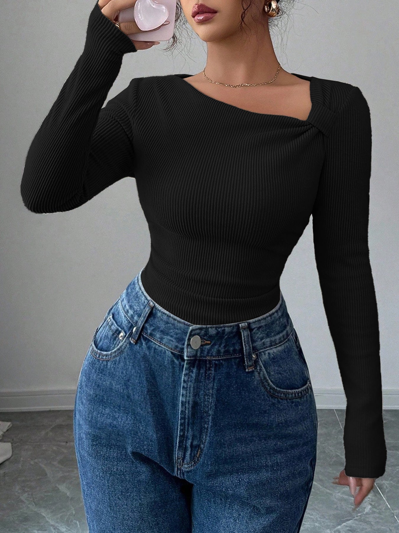Women's Asymmetrical Neck Ruched Ribbed Long Sleeve Top