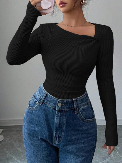 Women's Asymmetrical Neck Ruched Ribbed Long Sleeve Top