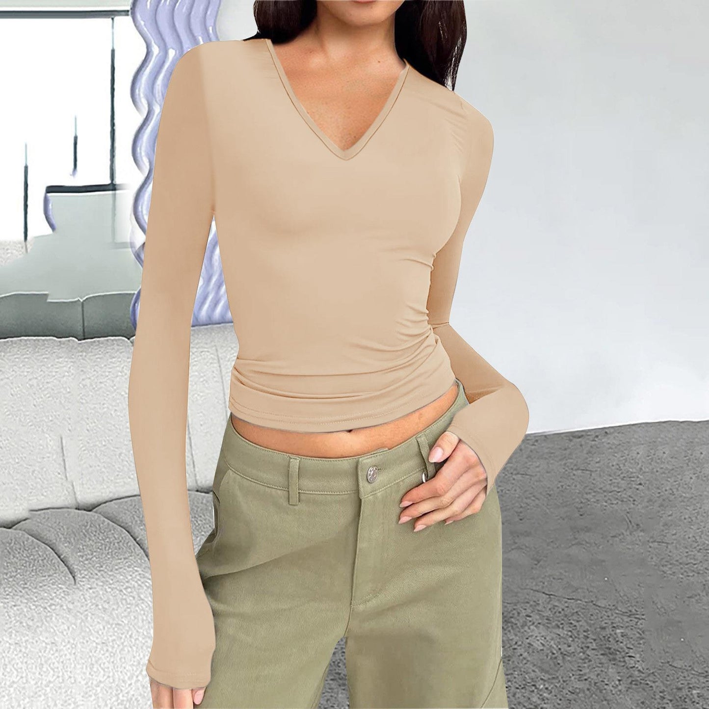 Women's V-Neck Long Sleeve Slim Fit Basic Top