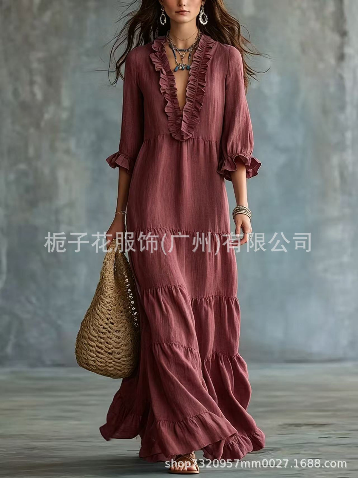 Women's Boho V-Neck Ruffle Tiered Maxi Dress Casual Summer