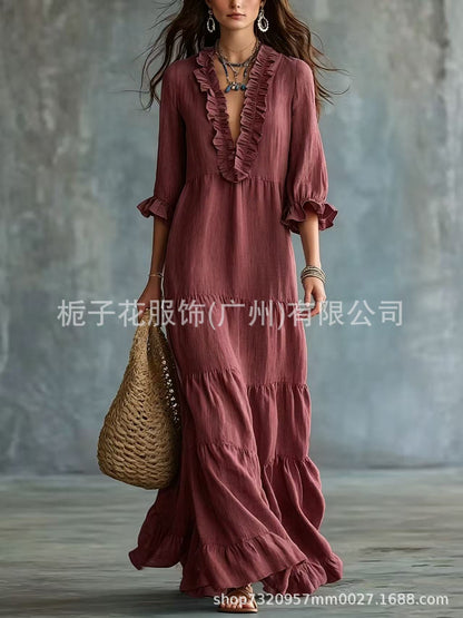 Women's Boho V-Neck Ruffle Tiered Maxi Dress Casual Summer