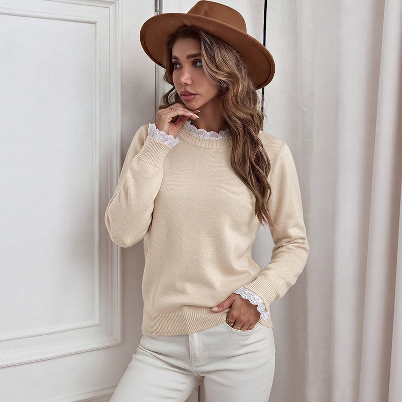 Lace Trim Layered Look Crew Neck Long Sleeve Sweater