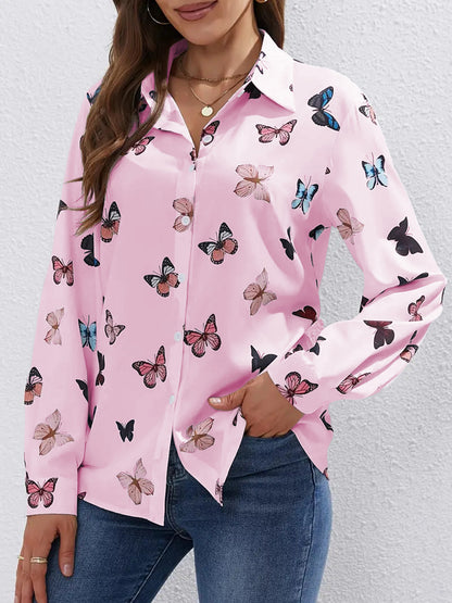 Women's Butterfly Print Long Sleeve Button Down Shirt