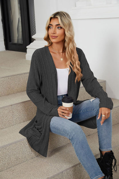 Women's Long Sleeve Ribbed Open Front Cardigan Pockets