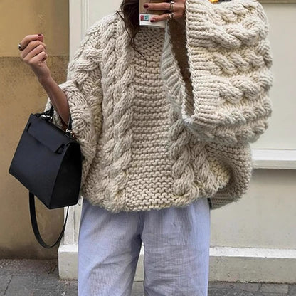 Women's Oversized Chunky Cable Knit Crew Neck Sweater