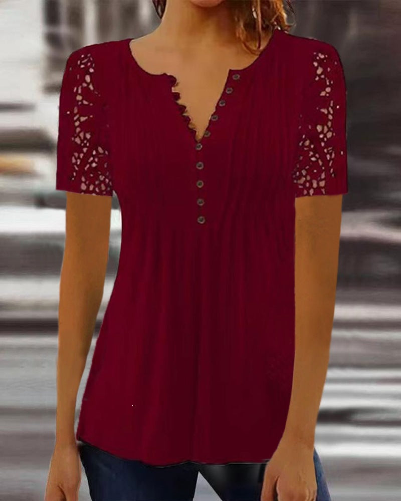 Women's Lace Sleeve Pleated V-Neck Blouse