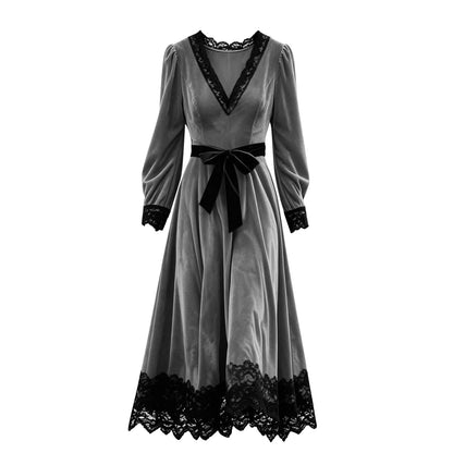 Velvet Maxi Dress V-Neck Lace Trim Puff Sleeve Flowy