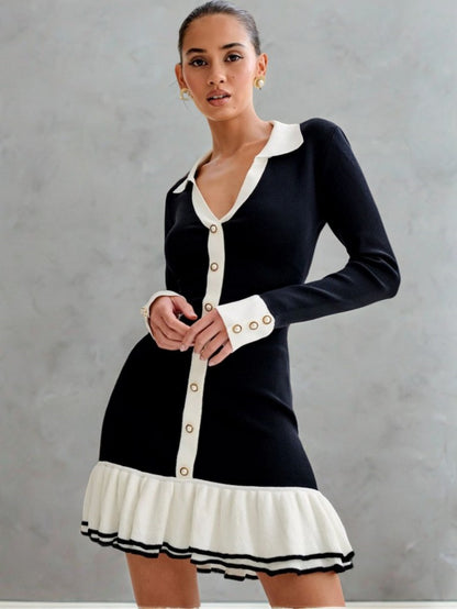 Women's Collared Pearl Button Ruffle Knit Mini Dress