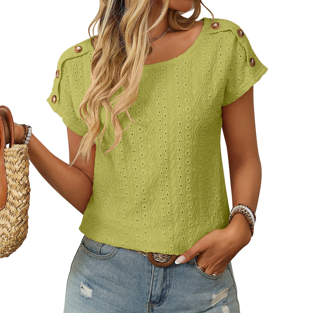 Hollow Out Button Short Sleeve Tee