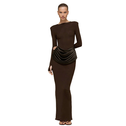 Women's Boat Neck Long Sleeve Ruched Bodycon Maxi Dress