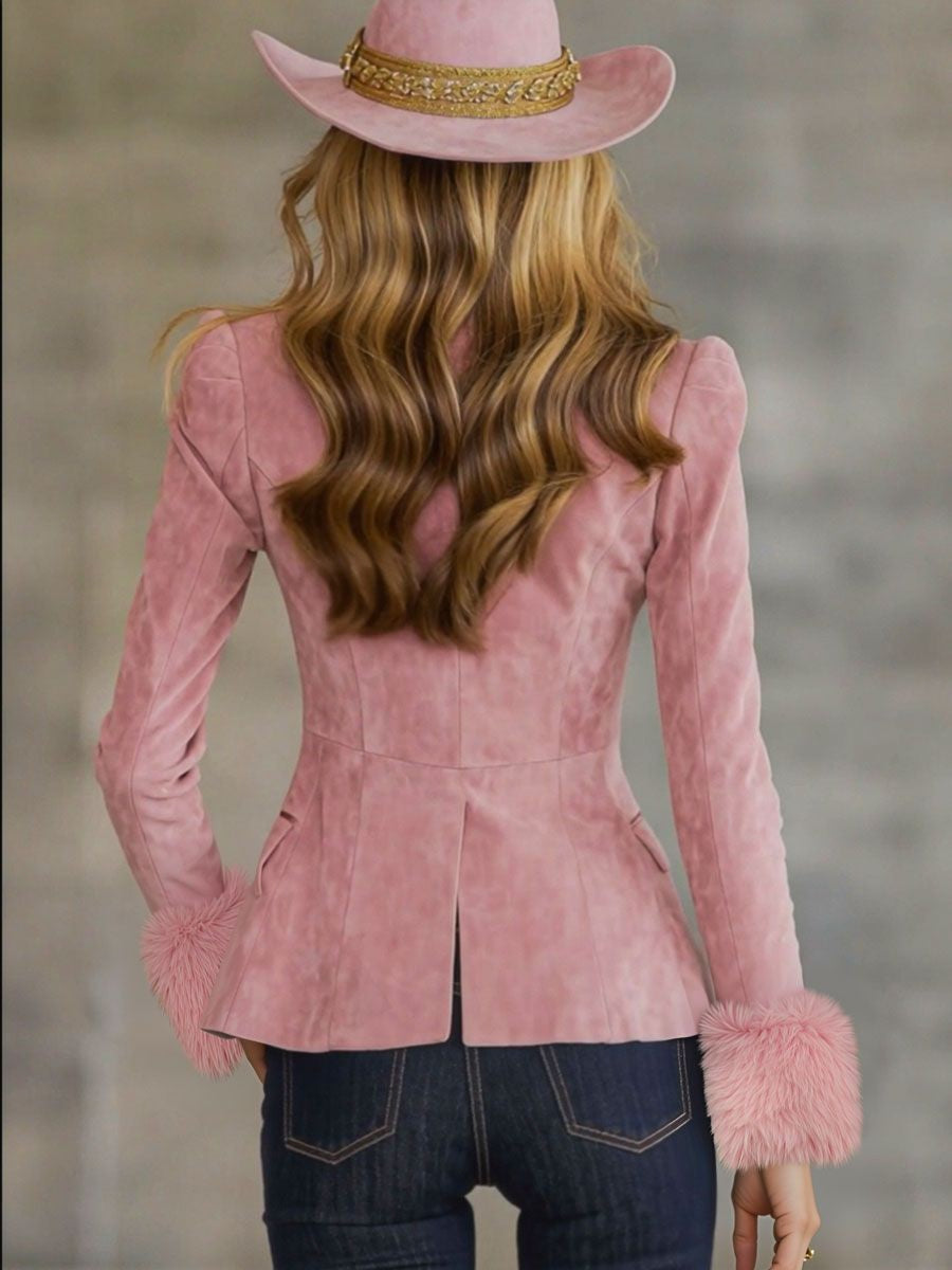 Women's Pink Suede Western Blazer Fur Cuff Jacket