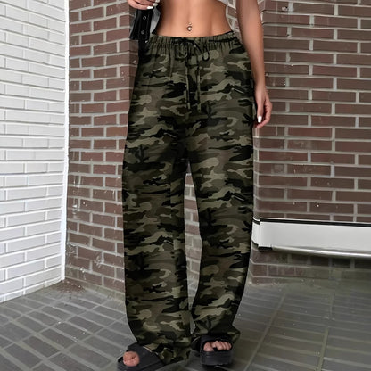 Women's Camo Wide Leg Pants High Waist Drawstring