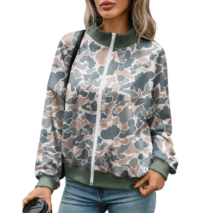 Women's Oversize Zip Up Printed Sweatshirt Mock Neck Ribbed