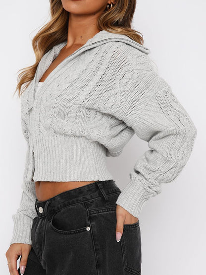 Women’s Solid Knit Zipper Hoodie Long Sleeve Cropped Sweater