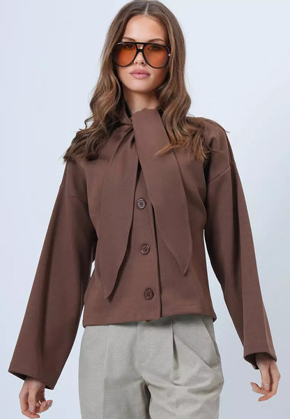 Women's Tie Neck Button Front Long Sleeve Top
