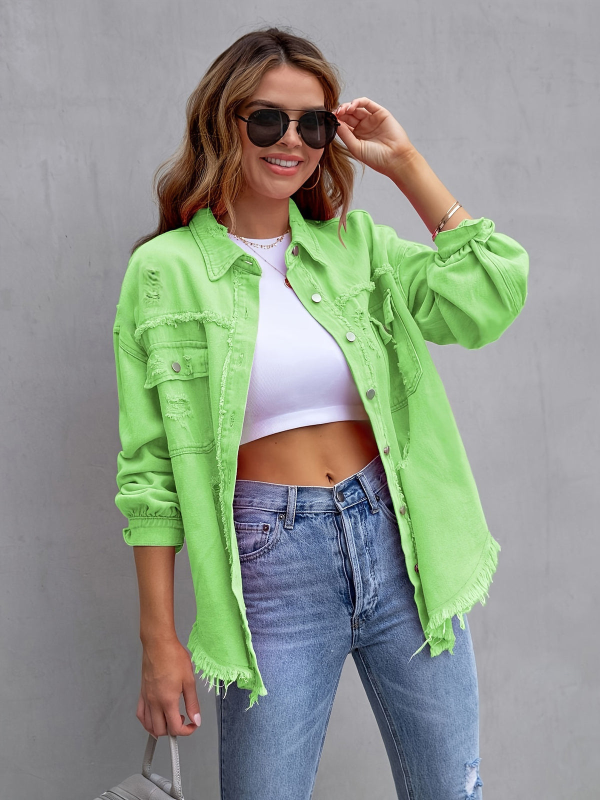 Women's Oversized Denim Jacket Distressed Frayed Hem