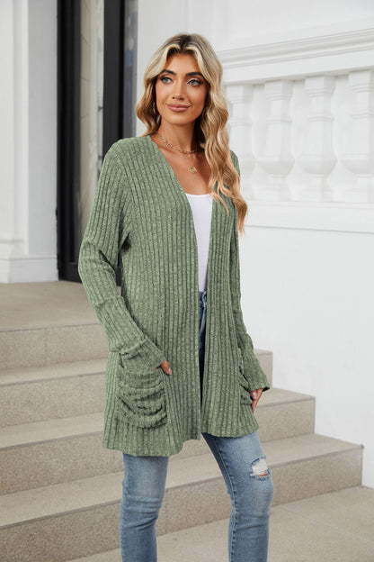 Simple Pocketed Long Sleeve Cardigan Knit Top