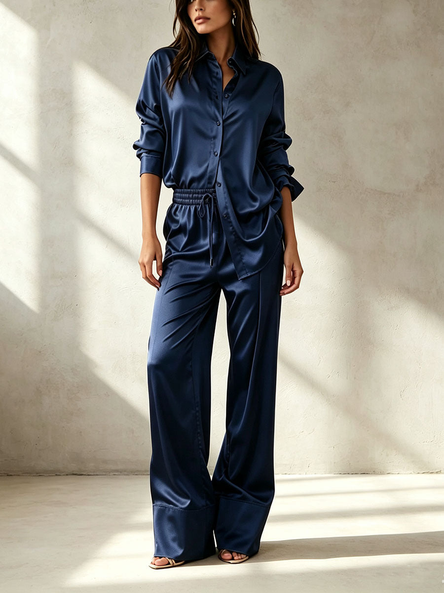 Women's Satin Shirt Wide Leg Pants Two Piece Set