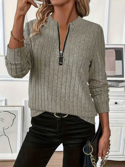 Women's Ribbed Knit Half Zip Long Sleeve Pullover Sweater
