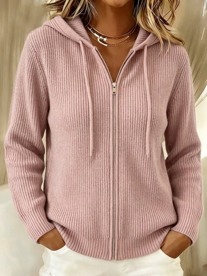 Oversized Hooded Zip-Up Ribbed Knit Cardigan