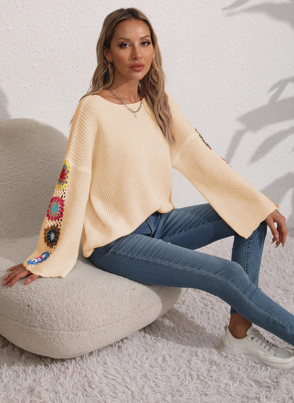 Women's Clothing One-word Collar Off-the-shoulder Hand Hook Flower Splicing Sweater