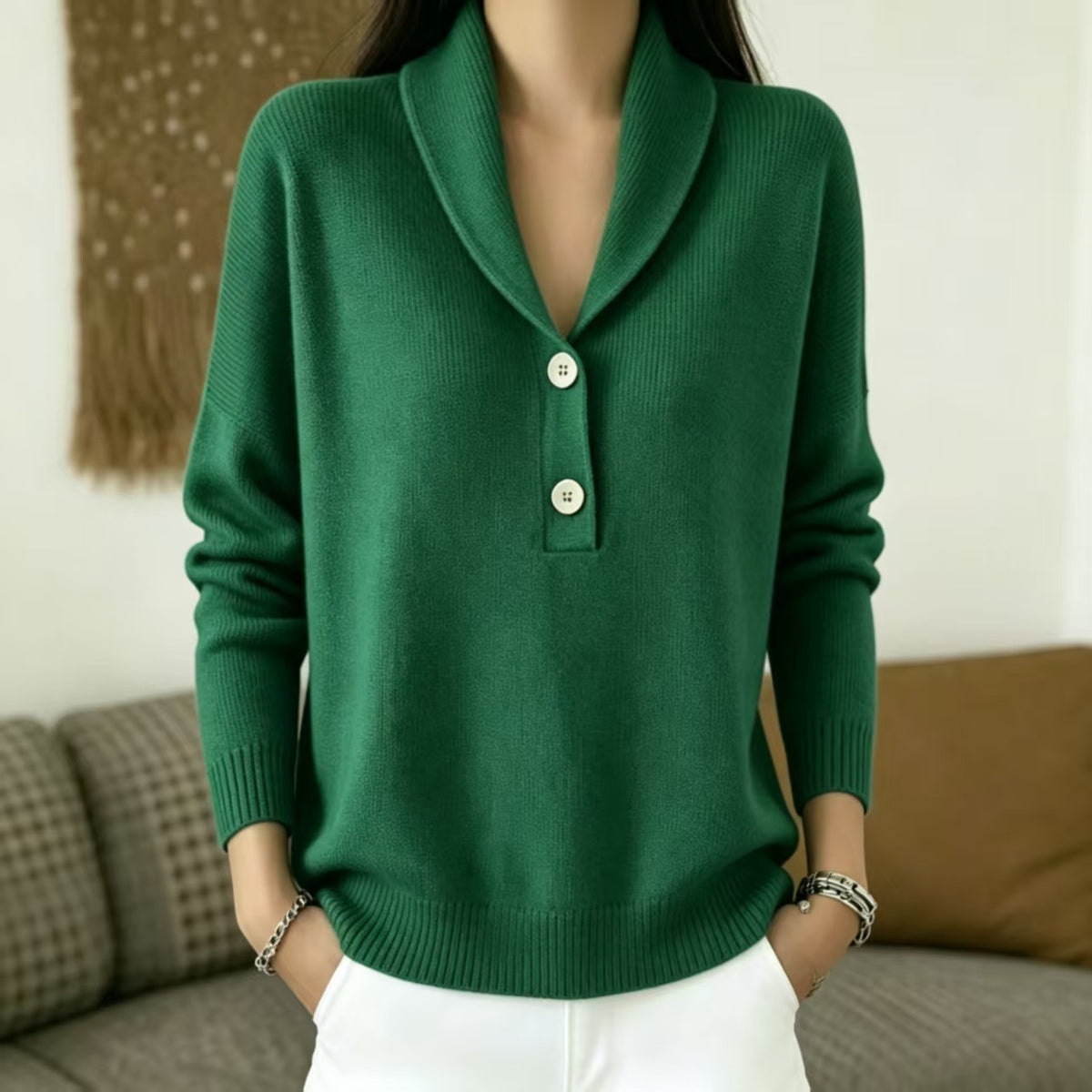 Women's Shawl Collar Button Pullover Sweater Soft Knit