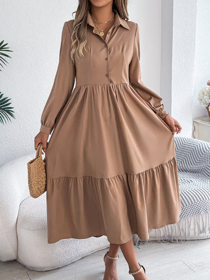 Collared Long Sleeve Tiered Shirt Dress