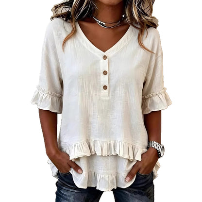 Ruffle V Neck Button Detail Tiered Hem Top