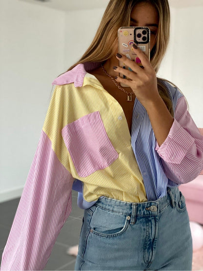 Women's Color Block Striped Oversized Button Down Shirt
