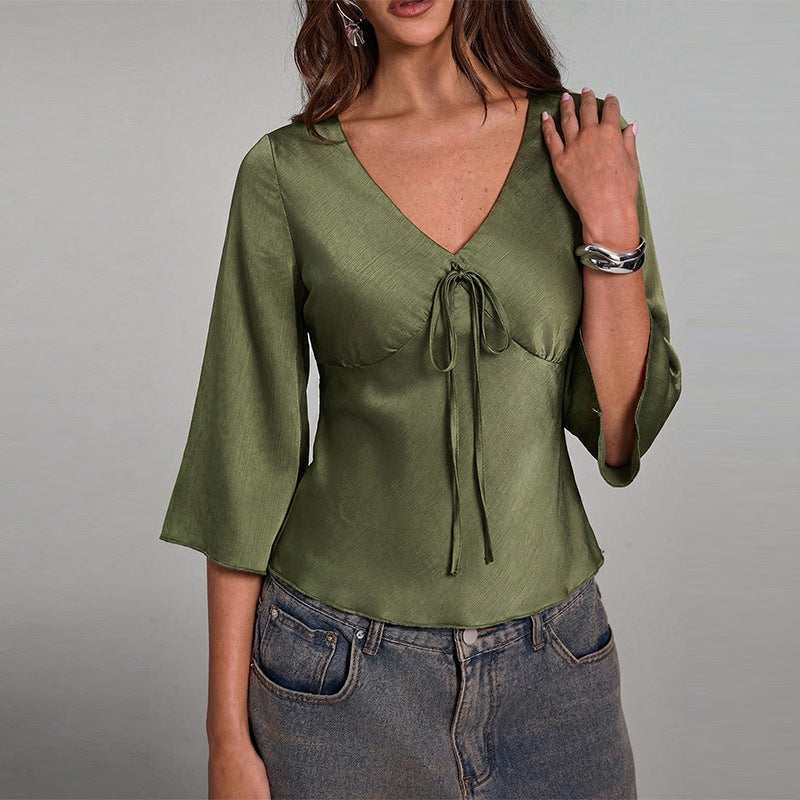 Women's V Neck Tie Front Bell Sleeve Blouse