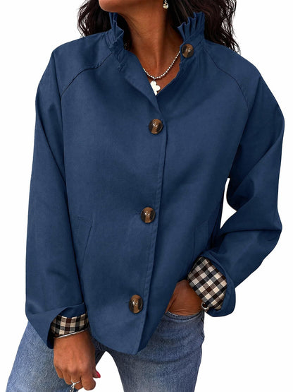 Women's Ruffle Stand Collar Button Front Jacket