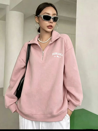 Women's Oversized Half Zip Embroidered Sweatshirt Pullover