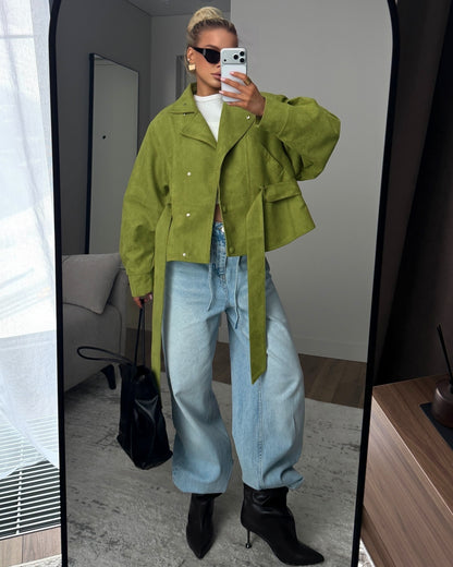 Women's Belted Cropped Jacket Stand Collar Trench Coat